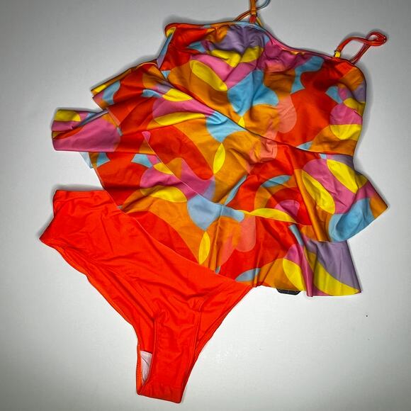Soly Hux Tankini Ruffle Geometric Neon Swimsuit New Large - Picture 1 of 13